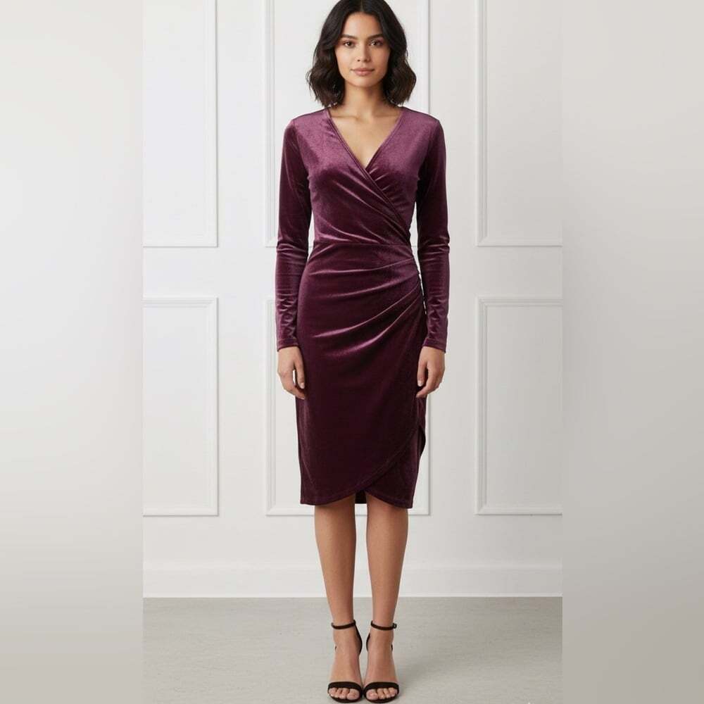 Aritzia Wilfred Free Velvet Long Sleeve Wrap Midi Dress Purple Burgundy XS‎ Slit